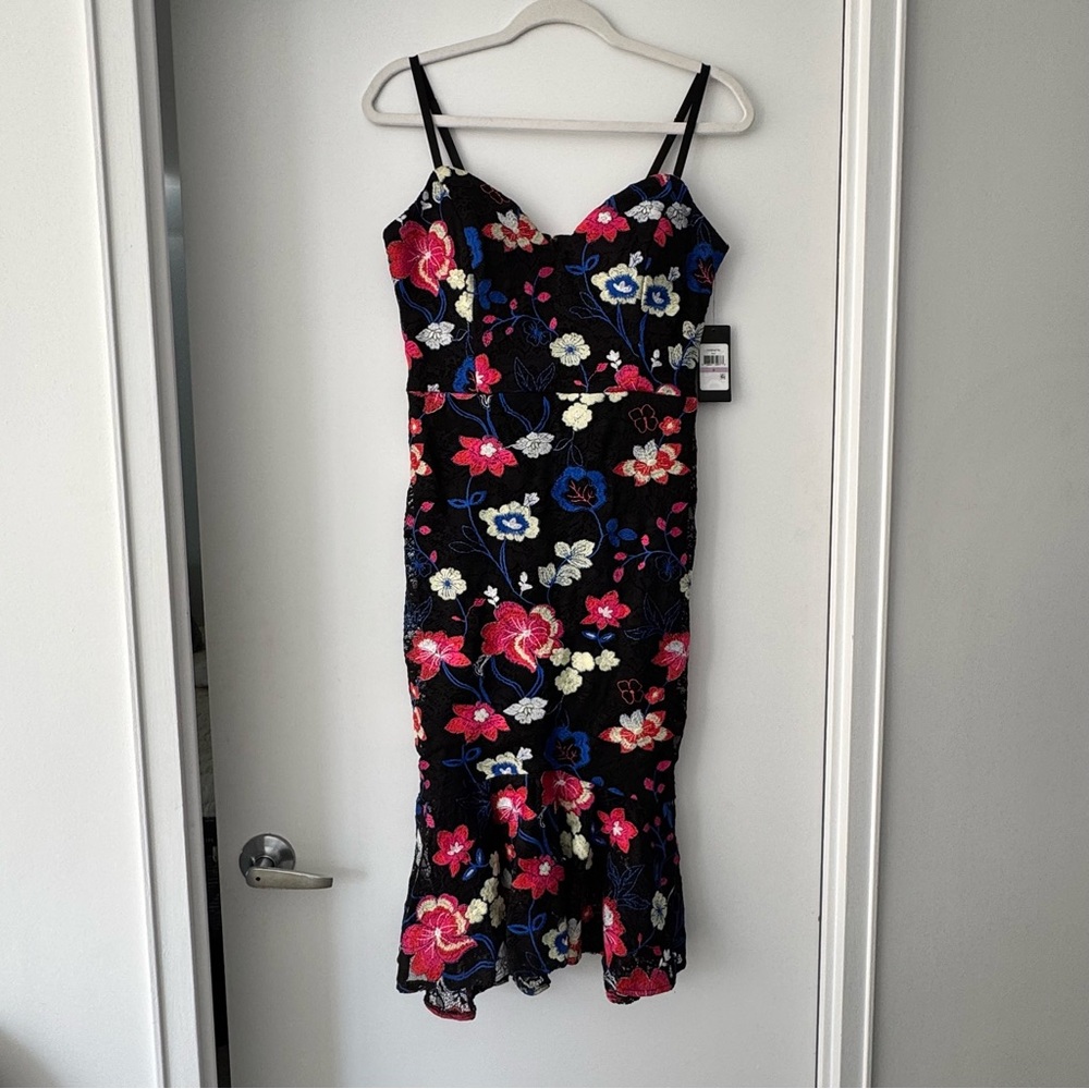 Guess Floral Neon Embroidered Black Dress NWT